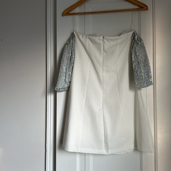 Club L London Sequin Off Shoulder White Mini Dress - Picture 6 of 11